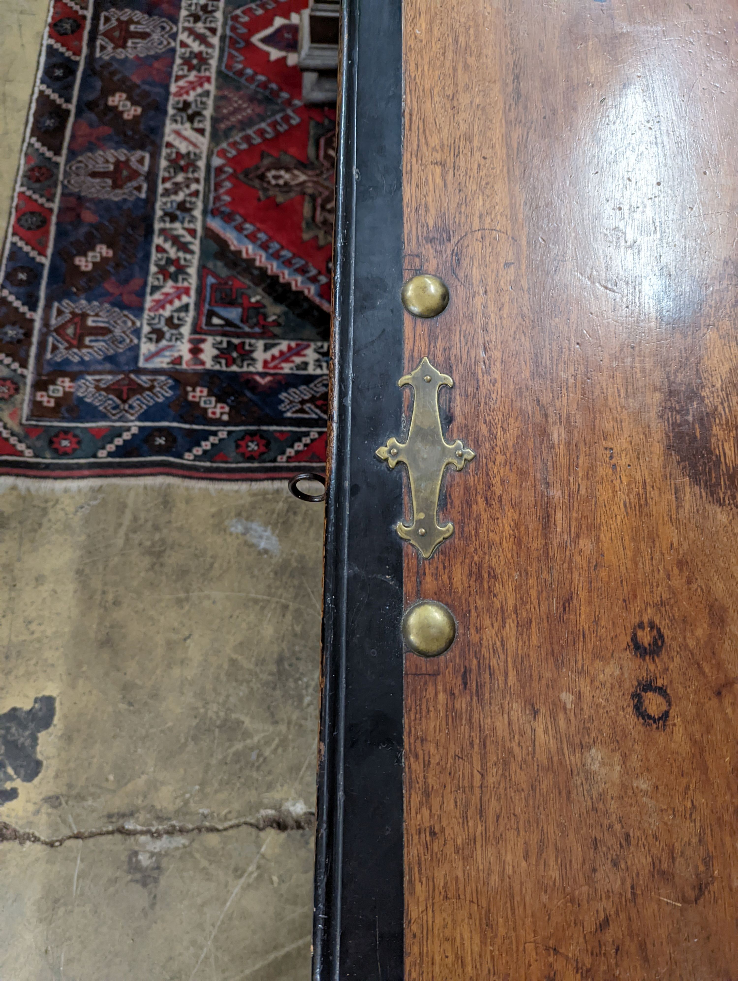 A 19th century Dutch mahogany and parcel ebonised coffer. W-154cm, D-62cm, H-76cm.